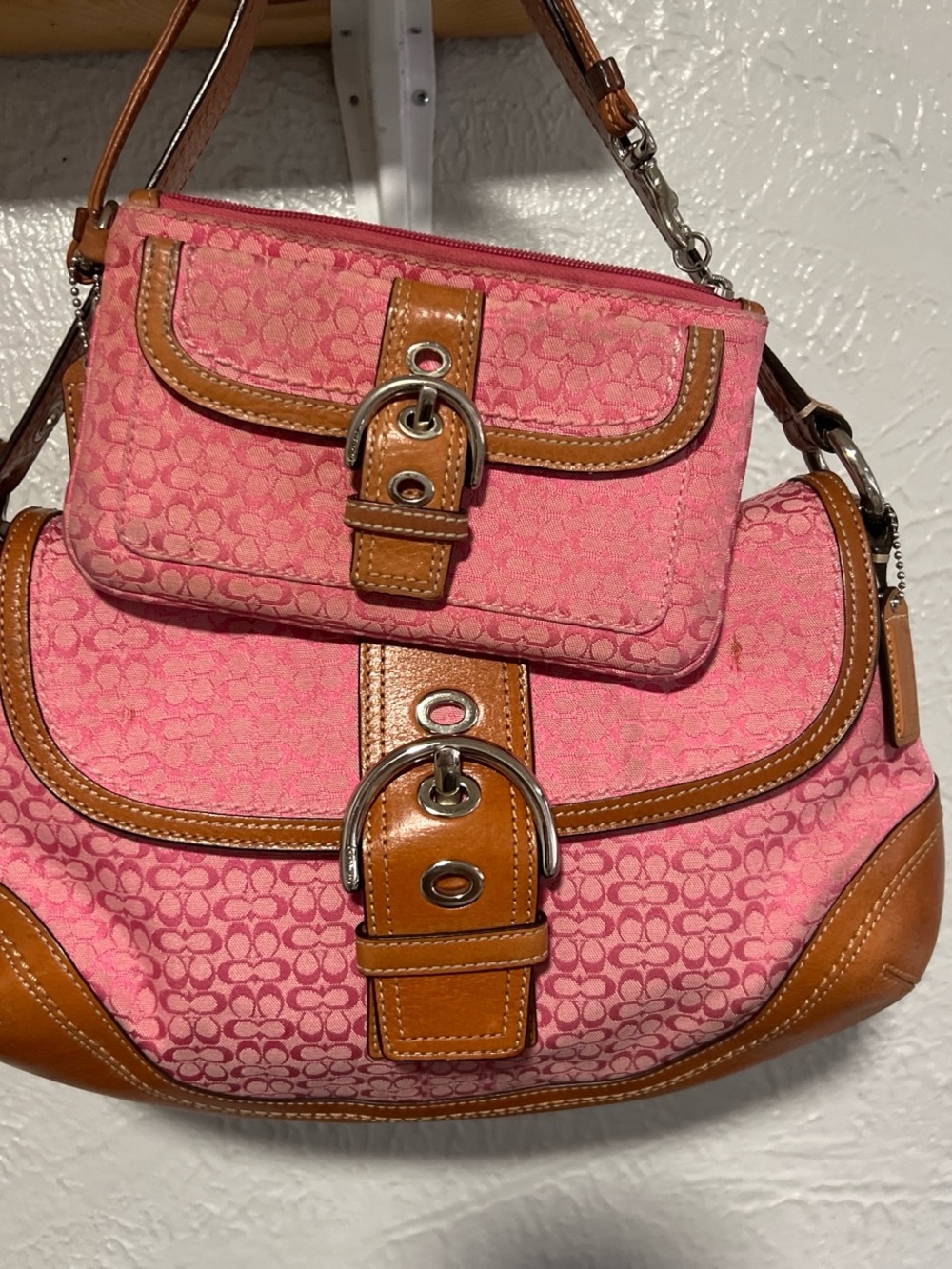 Coach Pink Signature Canvas Shoulder Bag with Leather Trim bundle